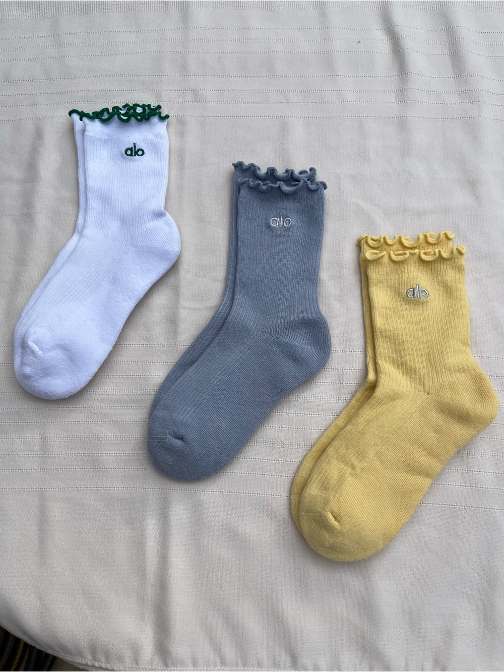 ALO Lettuce Trim Socks White, Gray, and Yellow (3 Pack)